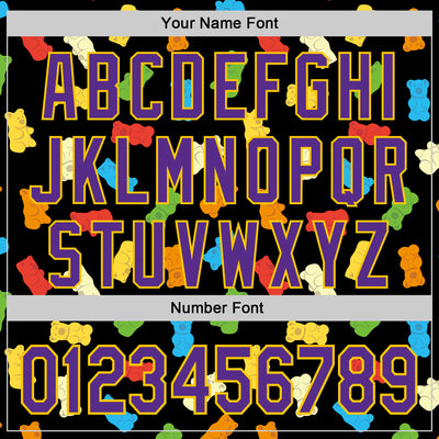 Custom Black Purple-Yellow 3D Pattern Design Foodie Food Snack Gummy Bear Authentic Baseball Jersey