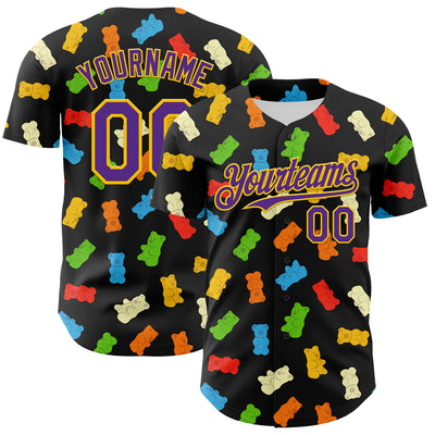 Custom Black Purple-Yellow 3D Pattern Design Foodie Food Snack Gummy Bear Authentic Baseball Jersey