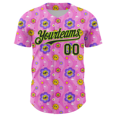 Custom Pink Black-Neon Green 3D Pattern Design Funny Cartoon Flower And Sun Authentic Baseball Jersey