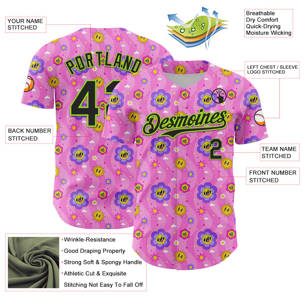 Custom Pink Black-Neon Green 3D Pattern Design Funny Cartoon Flower And Sun Authentic Baseball Jersey