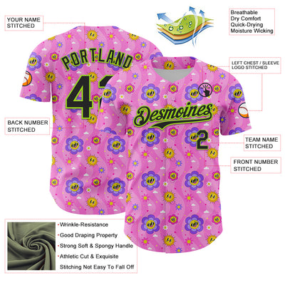 Custom Pink Black-Neon Green 3D Pattern Design Funny Cartoon Flower And Sun Authentic Baseball Jersey