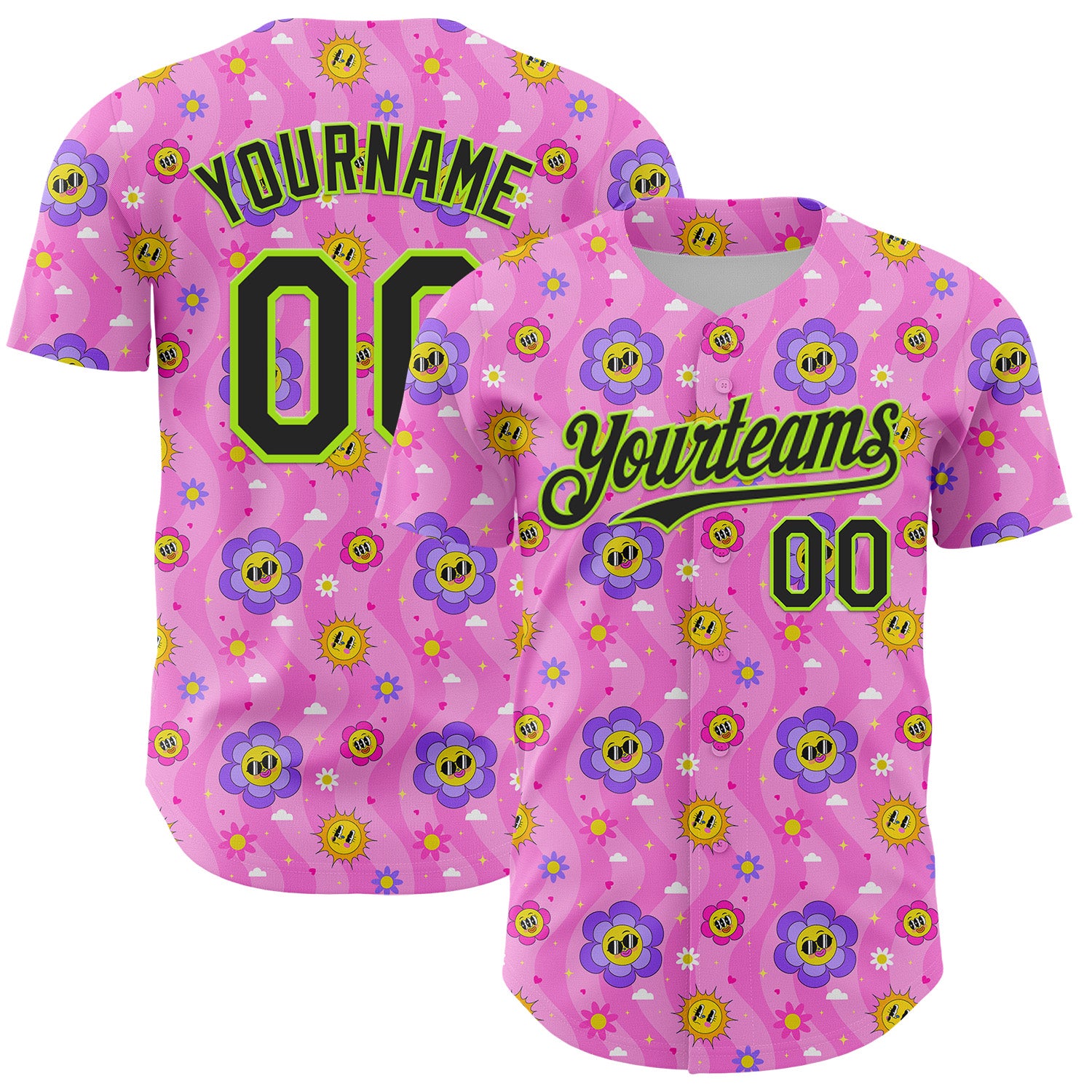 Custom Pink Black-Neon Green 3D Pattern Design Funny Cartoon Flower And Sun Authentic Baseball Jersey