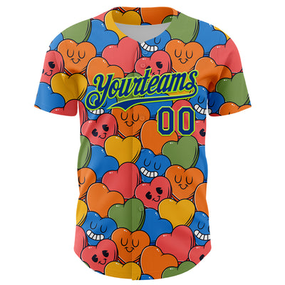 Custom White Royal-Neon Green 3D Pattern Design Funny Cartoon Heart Authentic Baseball Jersey