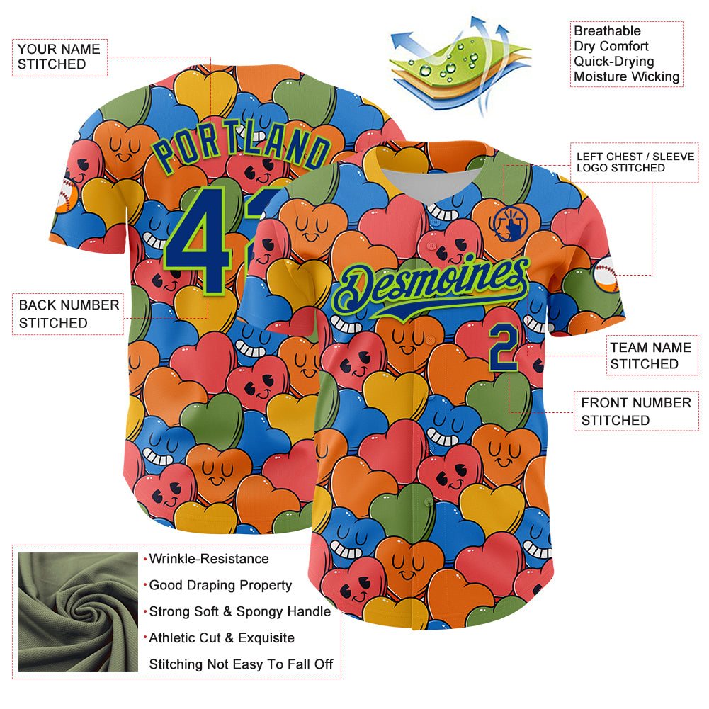 Custom White Royal-Neon Green 3D Pattern Design Funny Cartoon Heart Authentic Baseball Jersey