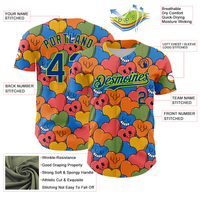 Custom White Royal-Neon Green 3D Pattern Design Funny Cartoon Heart Authentic Baseball Jersey