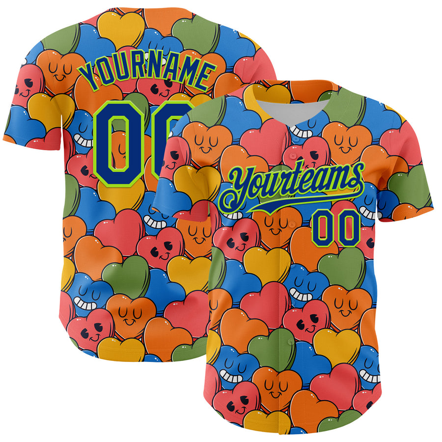 Custom White Royal-Neon Green 3D Pattern Design Funny Cartoon Heart Authentic Baseball Jersey