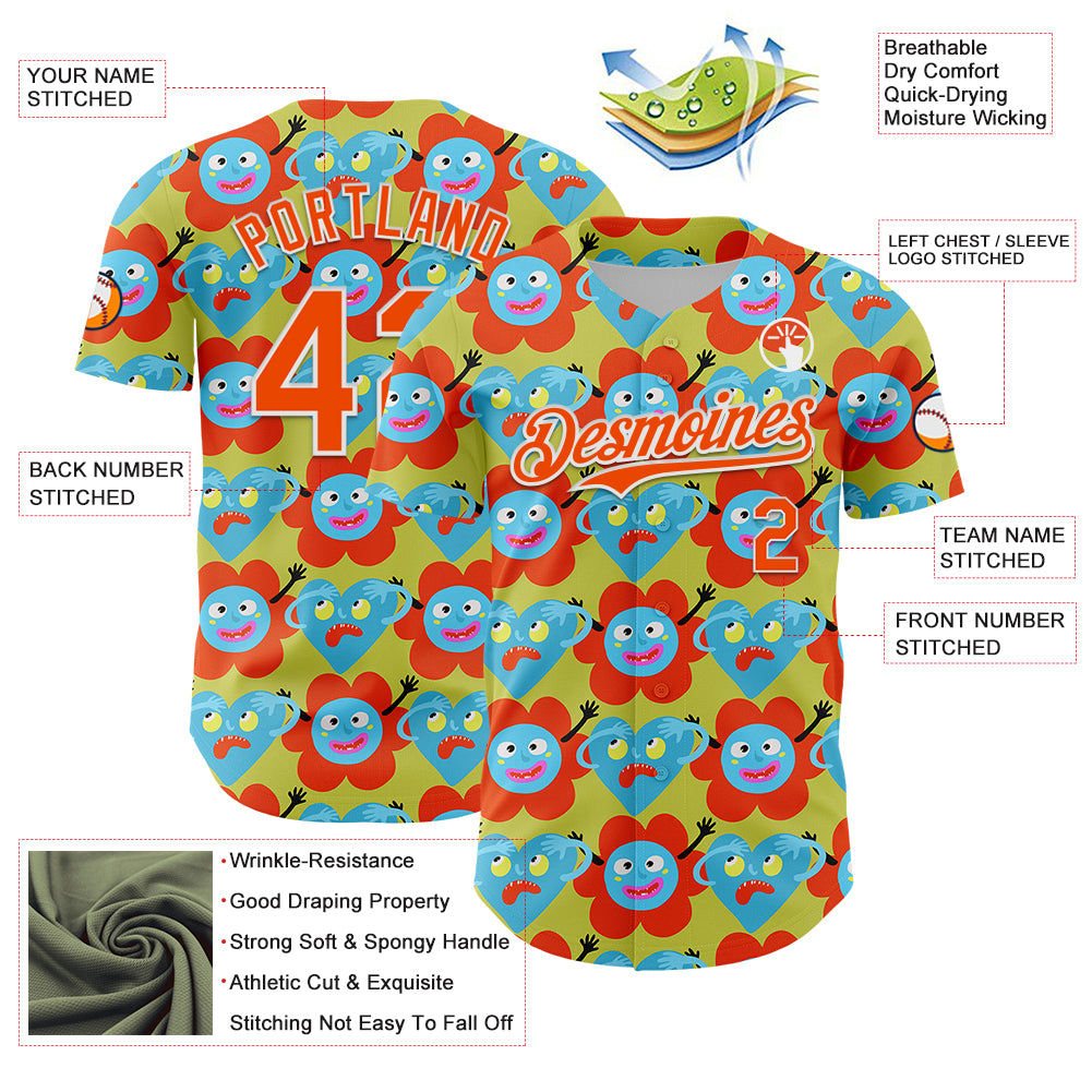 Custom Neon Yellow Orange-White 3D Pattern Design Funny Cartoon Flower And Heart Authentic Baseball Jersey
