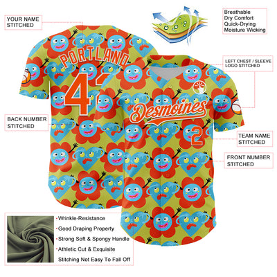 Custom Neon Yellow Orange-White 3D Pattern Design Funny Cartoon Flower And Heart Authentic Baseball Jersey