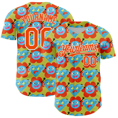 Custom Neon Yellow Orange-White 3D Pattern Design Funny Cartoon Flower And Heart Authentic Baseball Jersey