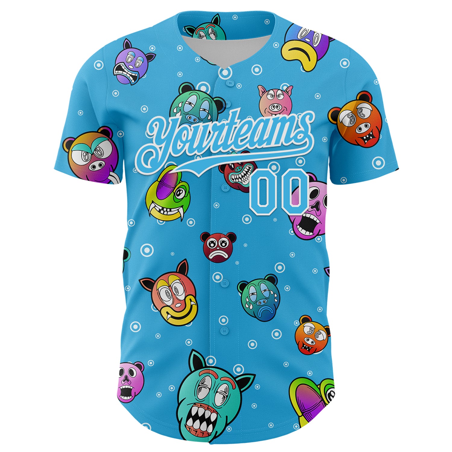 Custom Sky Blue White 3D Pattern Design Funny Cartoon Animal Authentic Baseball Jersey