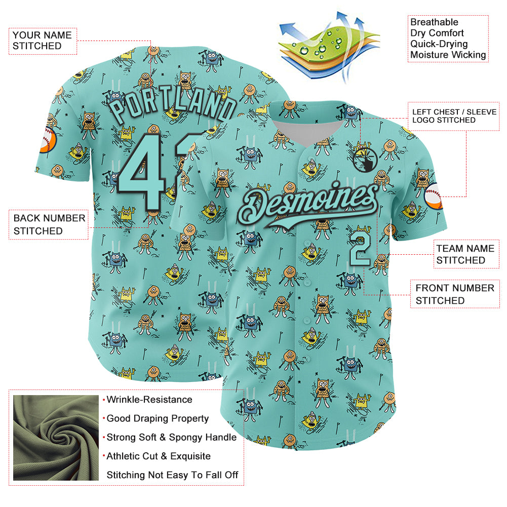 Custom Ice Blue Black 3D Pattern Design Funny Cartoon Monster Authentic Baseball Jersey