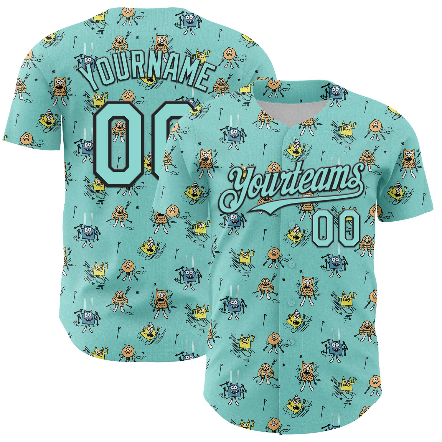 Custom Ice Blue Black 3D Pattern Design Funny Cartoon Monster Authentic Baseball Jersey