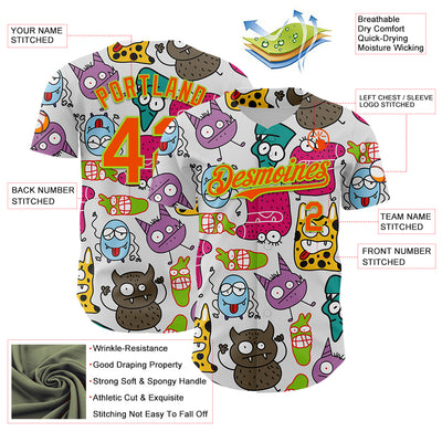Custom White Orange-Neon Green 3D Pattern Design Funny Cartoon Monster Authentic Baseball Jersey
