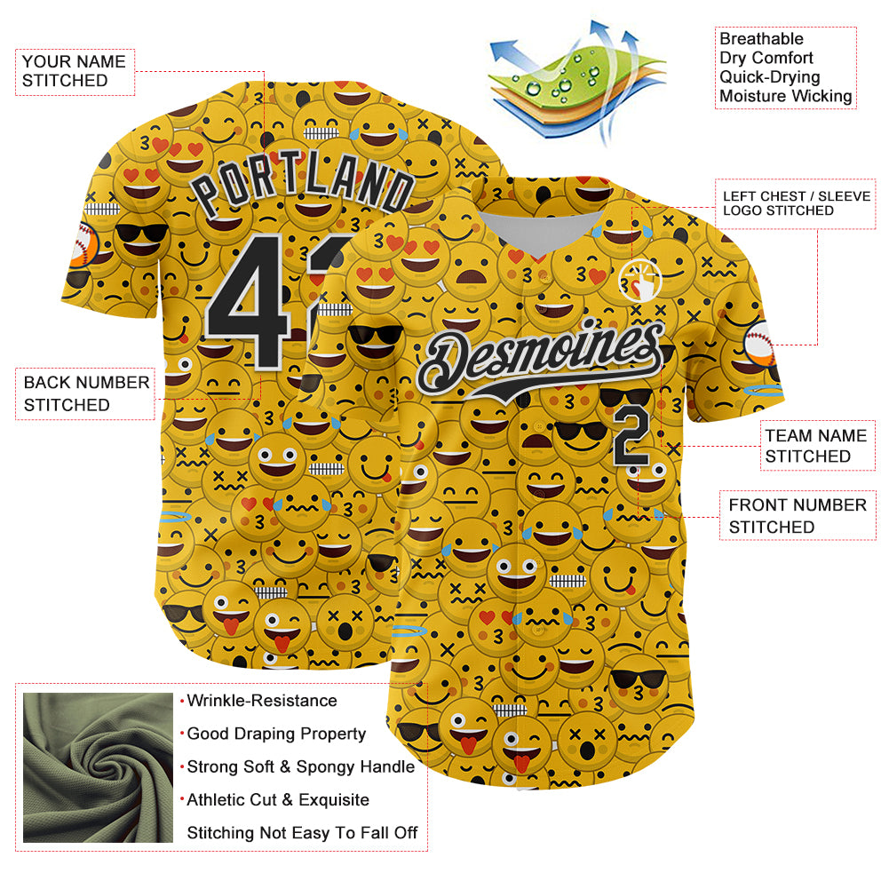 Custom Gold Black-White 3D Pattern Design Funny Cartoon Emoji Face Authentic Baseball Jersey