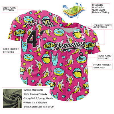 Custom Pink Black-White 3D Pattern Design Funny Cartoon Food Donut And Fruit Banana Authentic Baseball Jersey