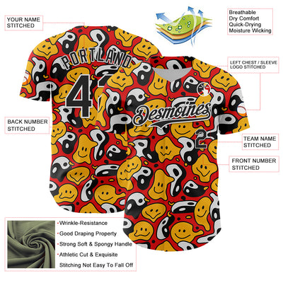 Custom Red Black-White 3D Pattern Design Funny Cartoon Emoji Smile Face And Yin Yang Authentic Baseball Jersey