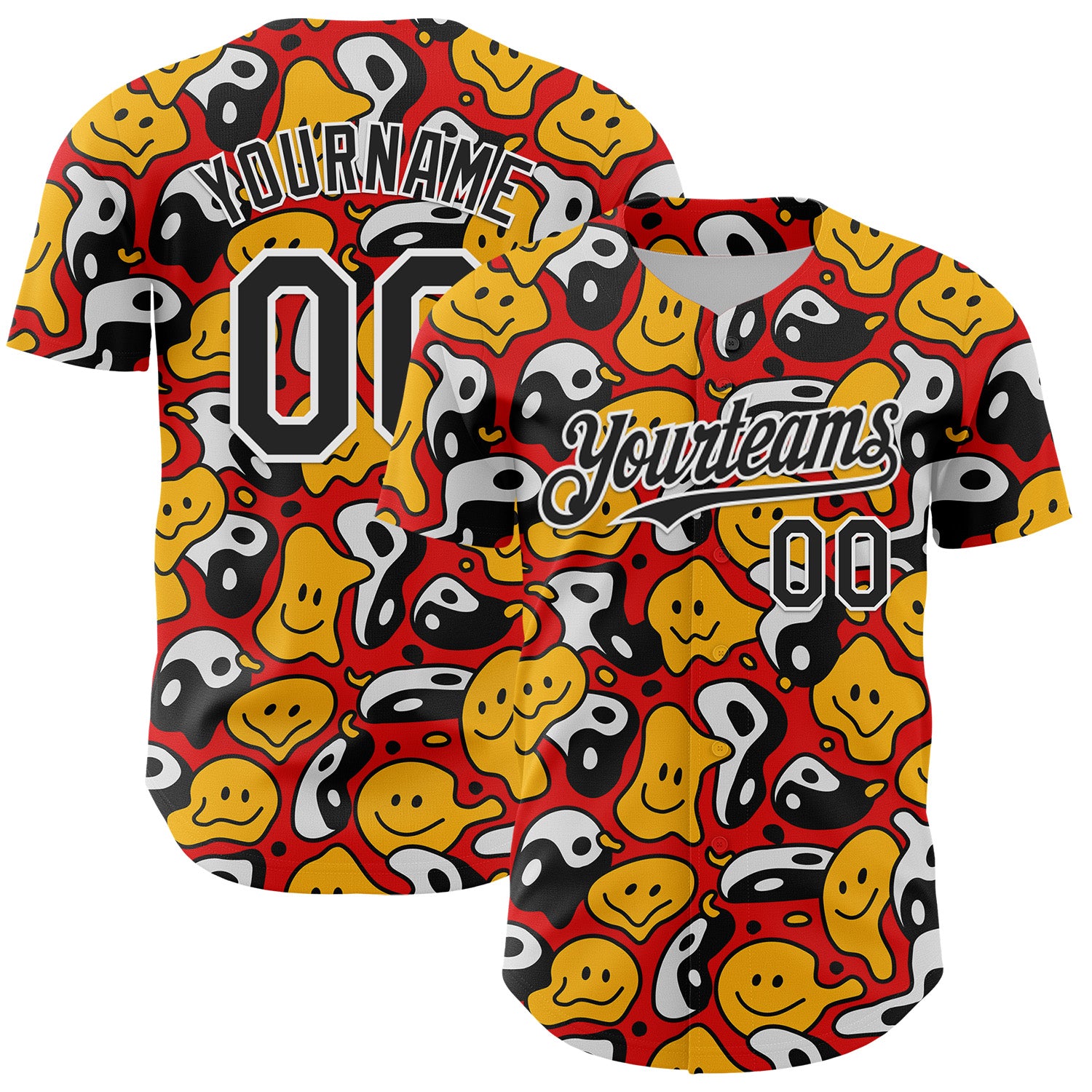 Custom Red Black-White 3D Pattern Design Funny Cartoon Emoji Smile Face And Yin Yang Authentic Baseball Jersey