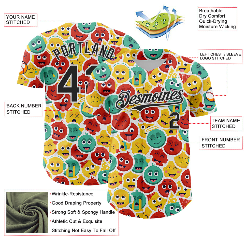 Custom White Black 3D Pattern Design Funny Cartoon Emoji Face Authentic Baseball Jersey