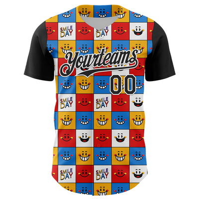 Custom White Black 3D Pattern Design Funny Cartoon Emoji Smile Face Authentic Baseball Jersey