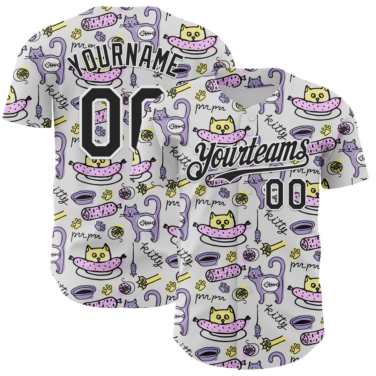 Custom White Black 3D Pattern Design Funny Cartoon Animal Cat And Dog Authentic Baseball Jersey