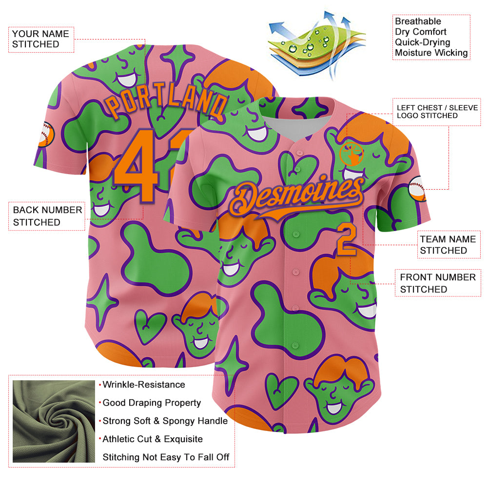 Custom Medium Pink Bay Orange-Purple 3D Pattern Design Funny Cartoon Kid Authentic Baseball Jersey