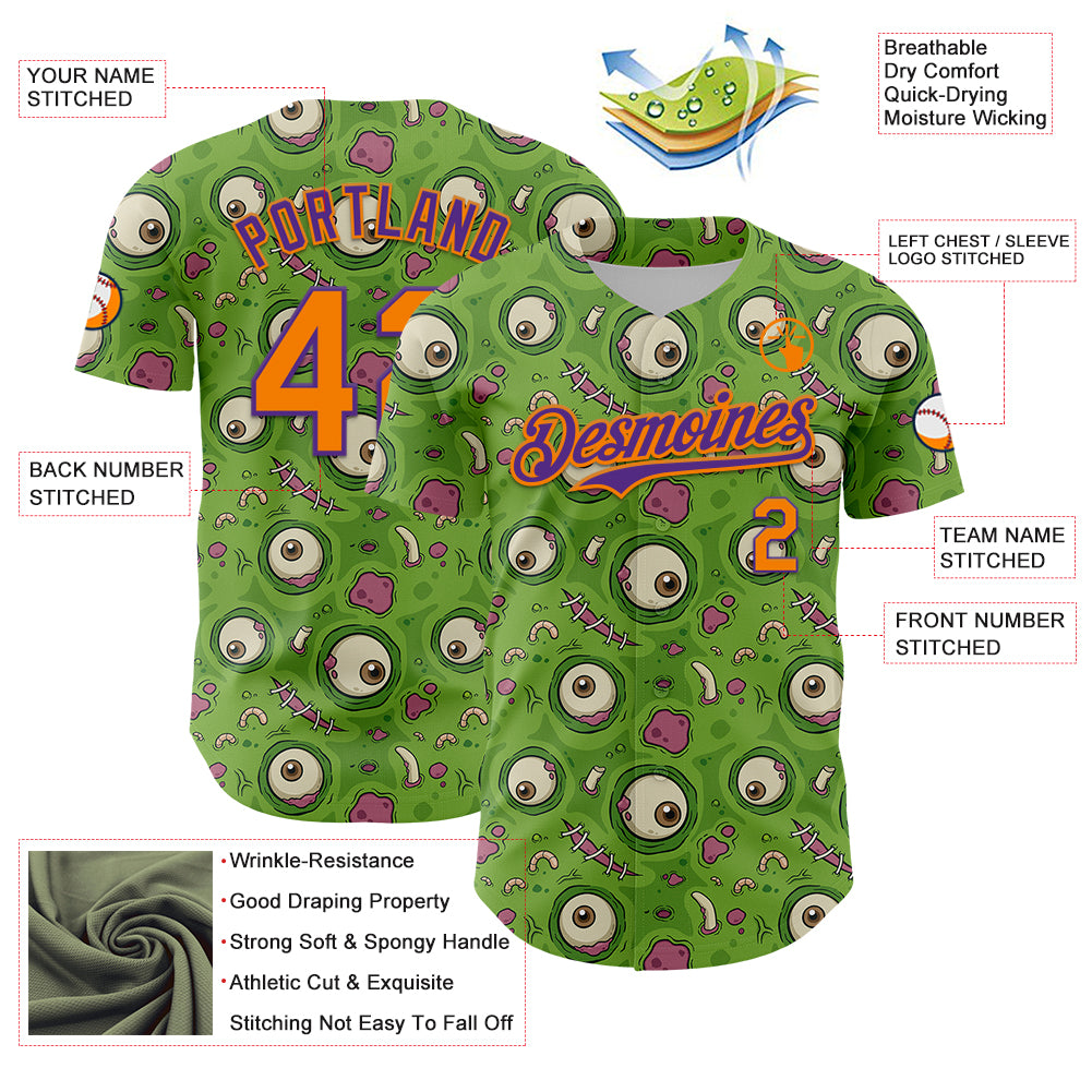 Custom Green Bay Orange-Purple 3D Pattern Design Funny Cartoon Monster Authentic Baseball Jersey