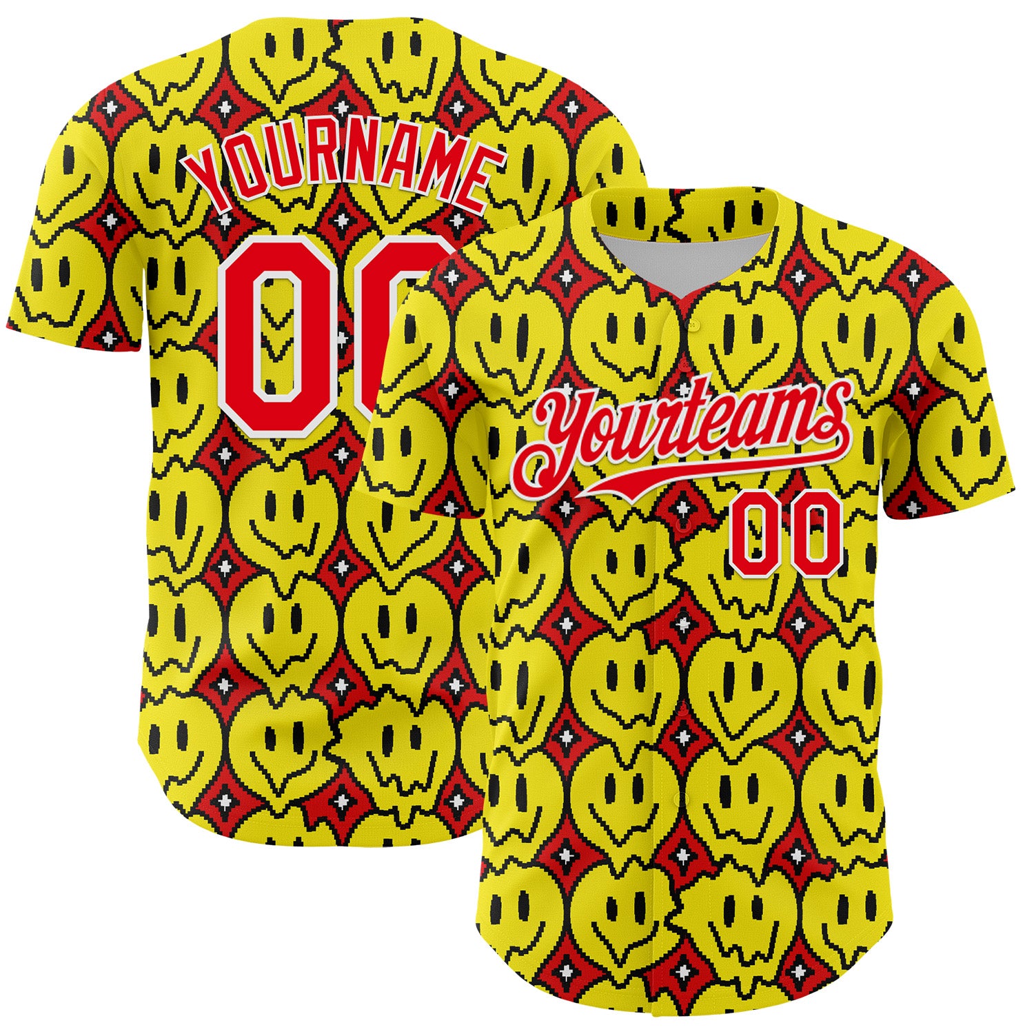 Custom Fire Red White 3D Pattern Design Funny Cartoon Emoji Smile Face Authentic Baseball Jersey