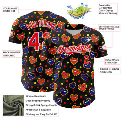 Custom Black Fire Red-White 3D Pattern Design Funny Cartoon Heart Authentic Baseball Jersey