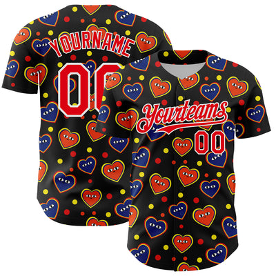 Custom Black Fire Red-White 3D Pattern Design Funny Cartoon Heart Authentic Baseball Jersey