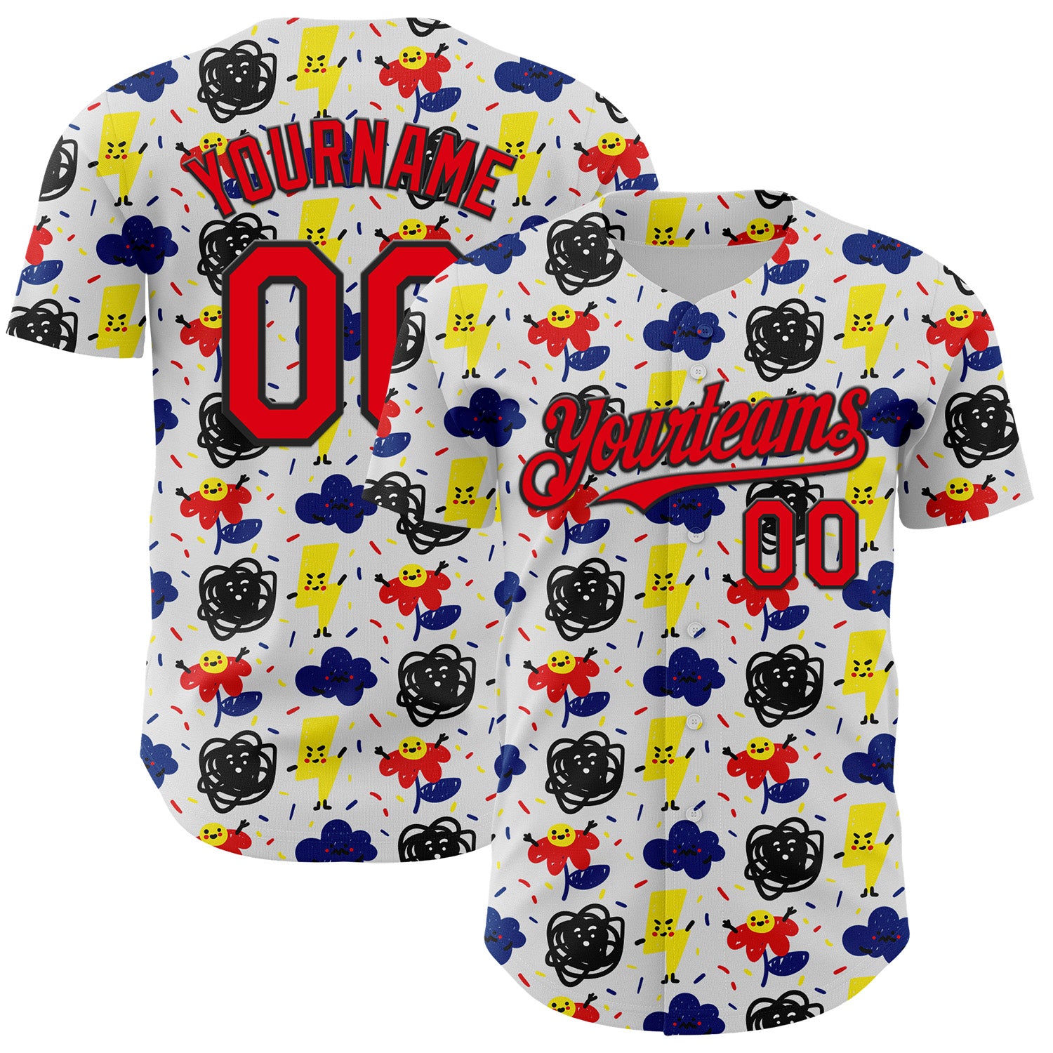 Custom White Fire Red-Black 3D Pattern Design Funny Cartoon Flower Cloud Lightning Authentic Baseball Jersey