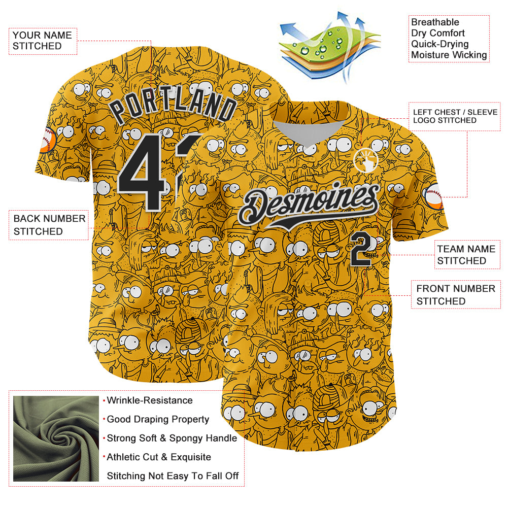 Custom Gold Black-White 3D Pattern Design Funny Cartoon People Authentic Baseball Jersey
