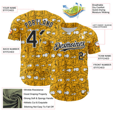 Custom Gold Black-White 3D Pattern Design Funny Cartoon People Authentic Baseball Jersey