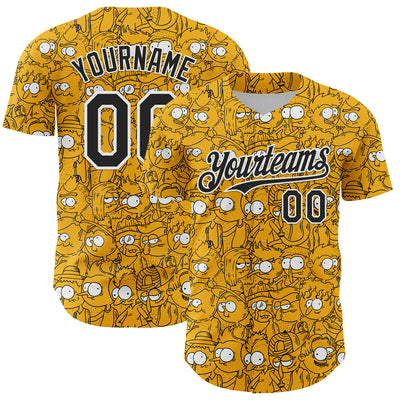 Custom Gold Black-White 3D Pattern Design Funny Cartoon People Authentic Baseball Jersey