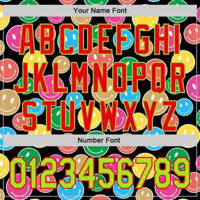 Custom Black Neon Green-Fire Red 3D Pattern Design Funny Cartoon Emoji Smile Face Authentic Baseball Jersey