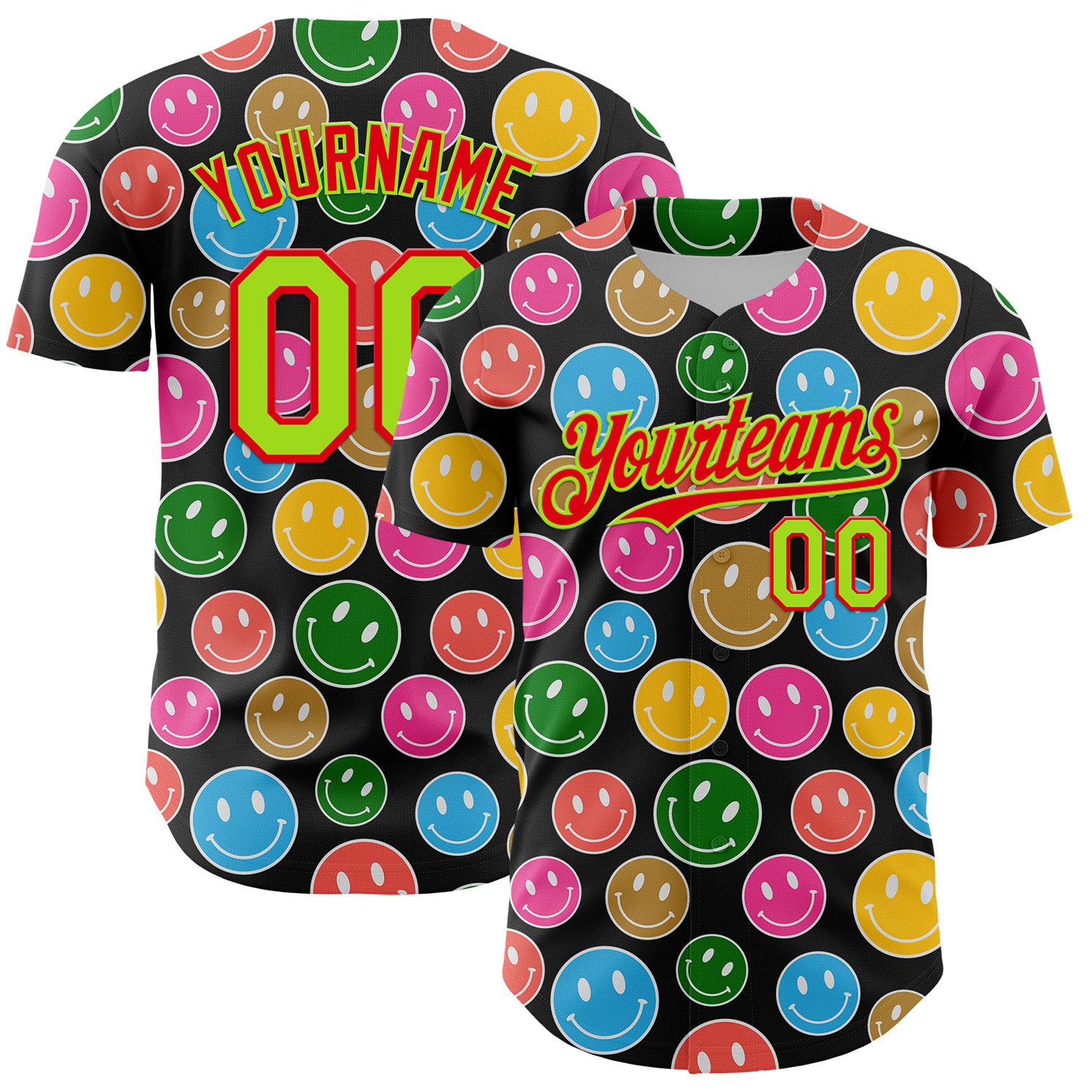Custom Black Neon Green-Fire Red 3D Pattern Design Funny Cartoon Emoji Smile Face Authentic Baseball Jersey