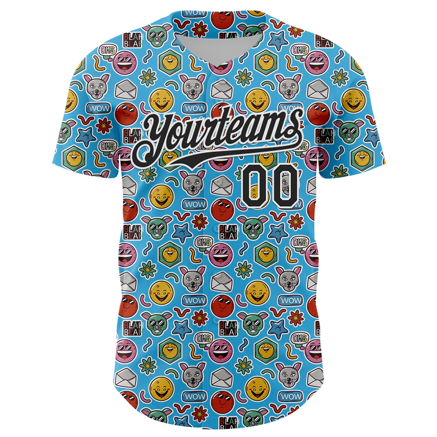 Custom Sky Blue Black-White 3D Pattern Design Funny Cartoon Emoji Authentic Baseball Jersey