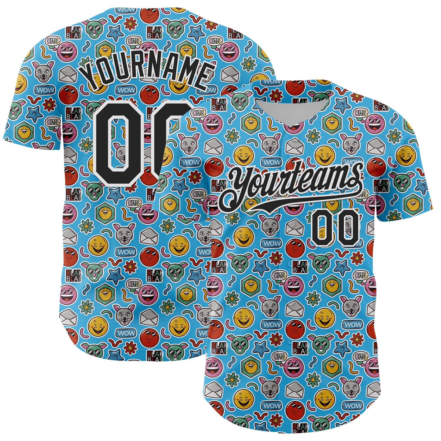 Custom Sky Blue Black-White 3D Pattern Design Funny Cartoon Emoji Authentic Baseball Jersey