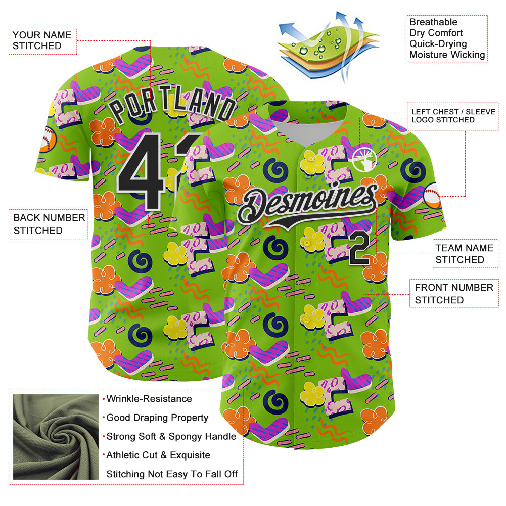Custom Neon Green Black-White 3D Pattern Design Funny Cartoon Cloud Rain Authentic Baseball Jersey