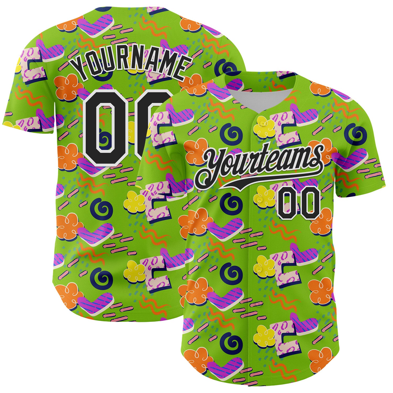 Custom Neon Green Black-White 3D Pattern Design Funny Cartoon Cloud Rain Authentic Baseball Jersey