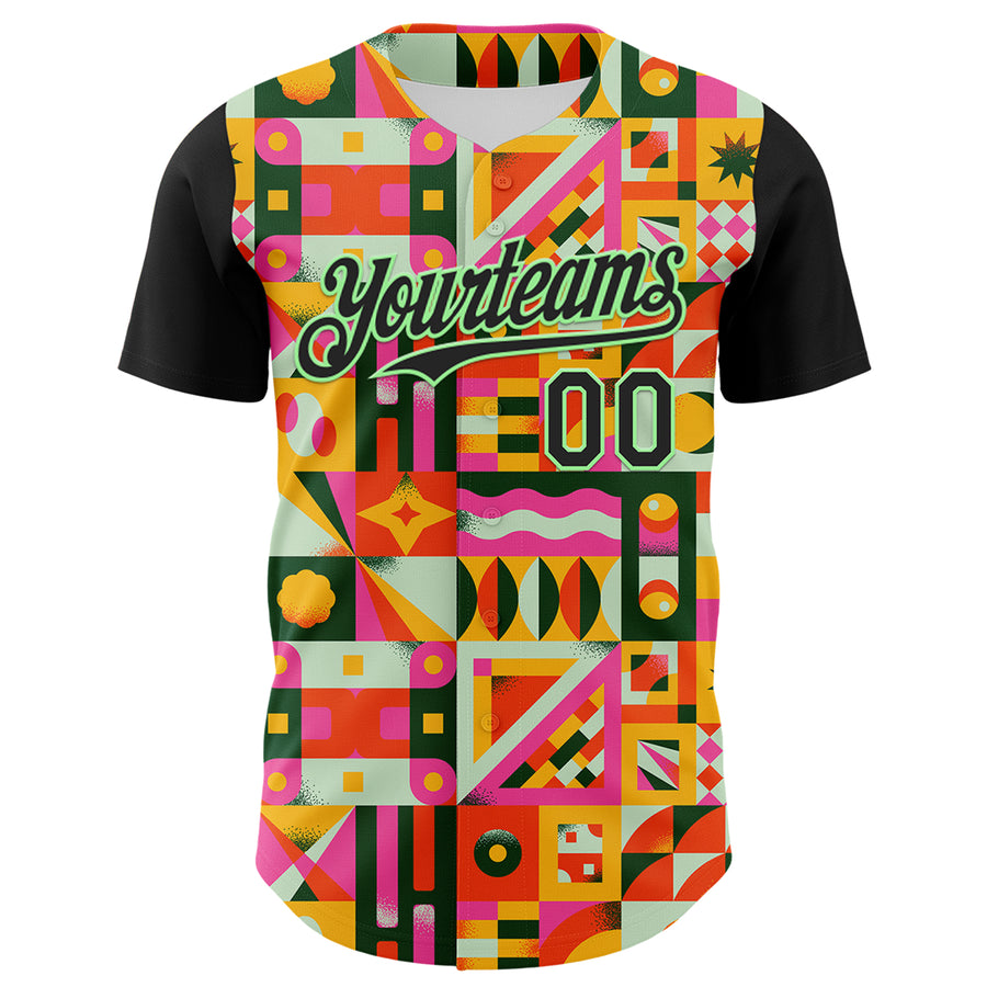 Custom Black Pea Green 3D Ambartive Abstract Shapes Pattern Authentic Baseball Jersey