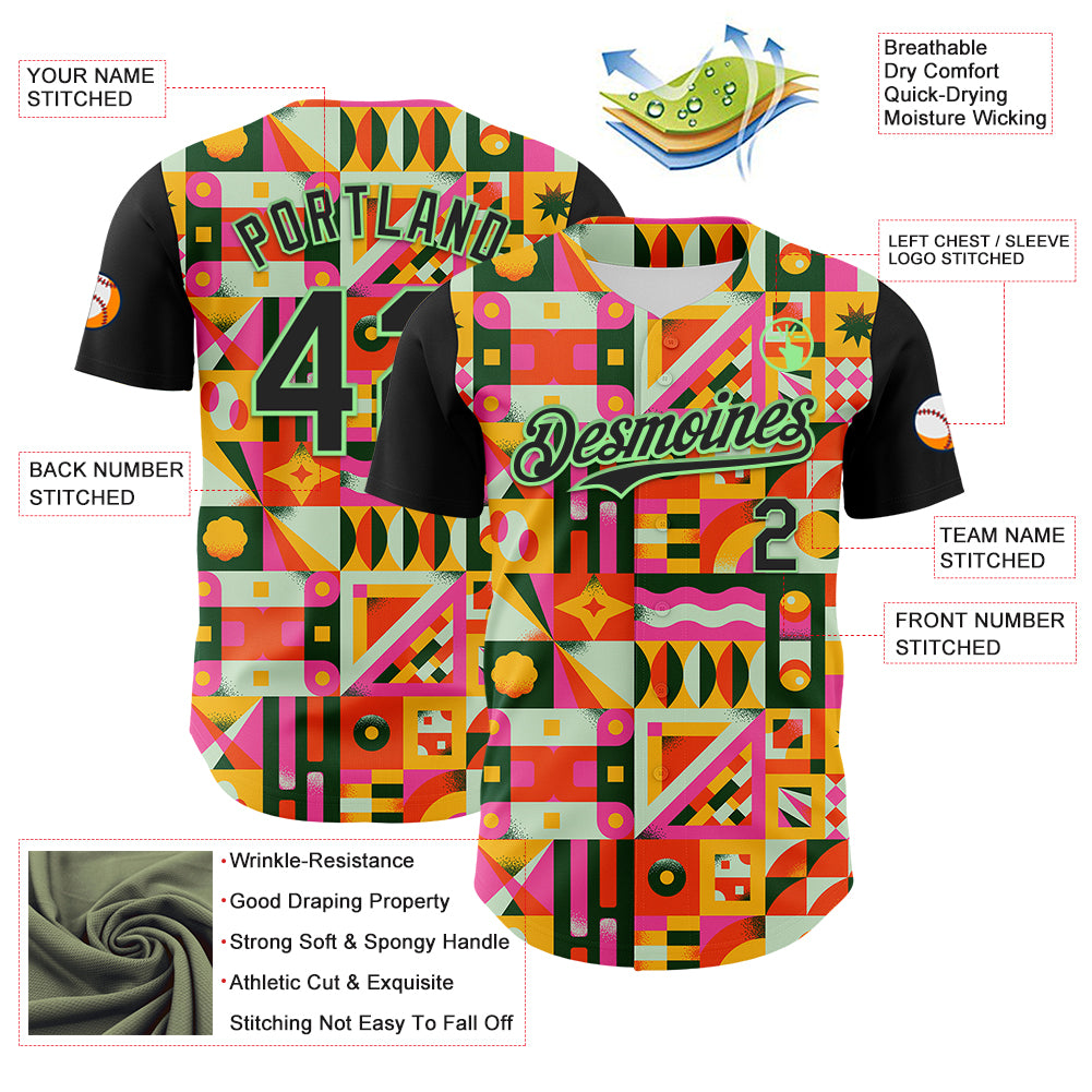 Custom Black Pea Green 3D Ambartive Abstract Shapes Pattern Authentic Baseball Jersey