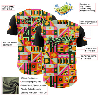 Custom Black Pea Green 3D Ambartive Abstract Shapes Pattern Authentic Baseball Jersey