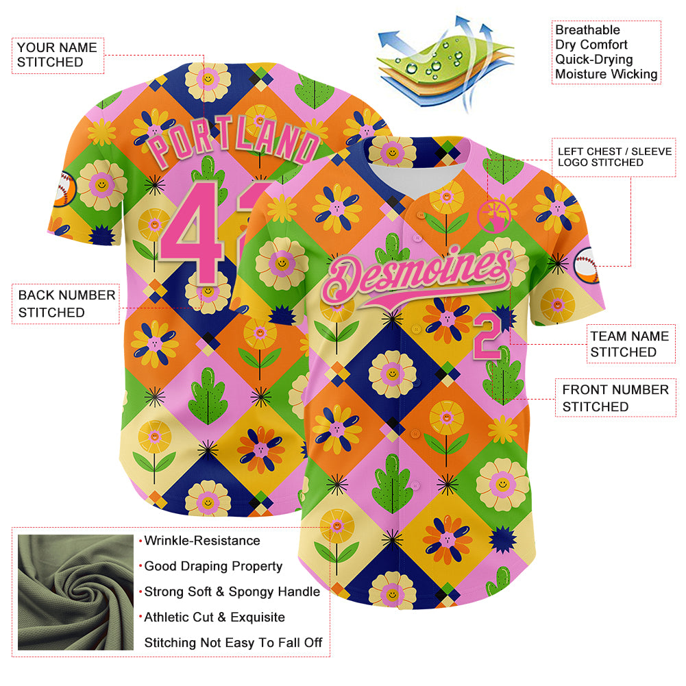 Custom Pink Cream 3D Ambartive Abstract Flowers Pattern Authentic Baseball Jersey