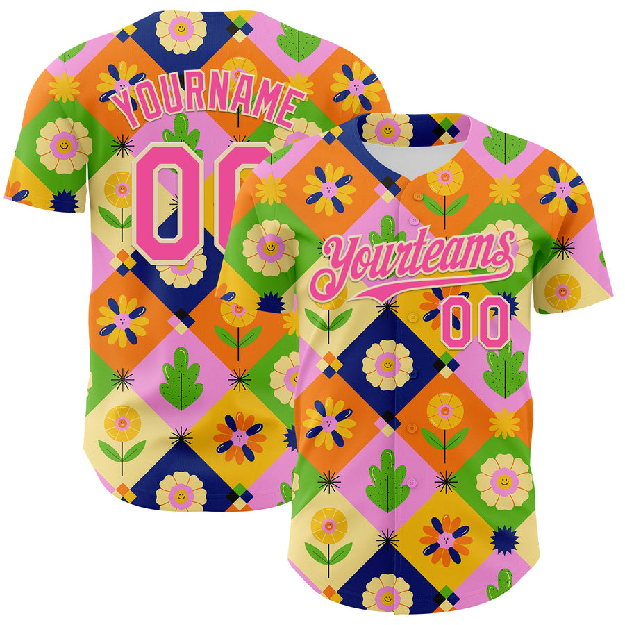 Custom Pink Cream 3D Ambartive Abstract Flowers Pattern Authentic Baseball Jersey
