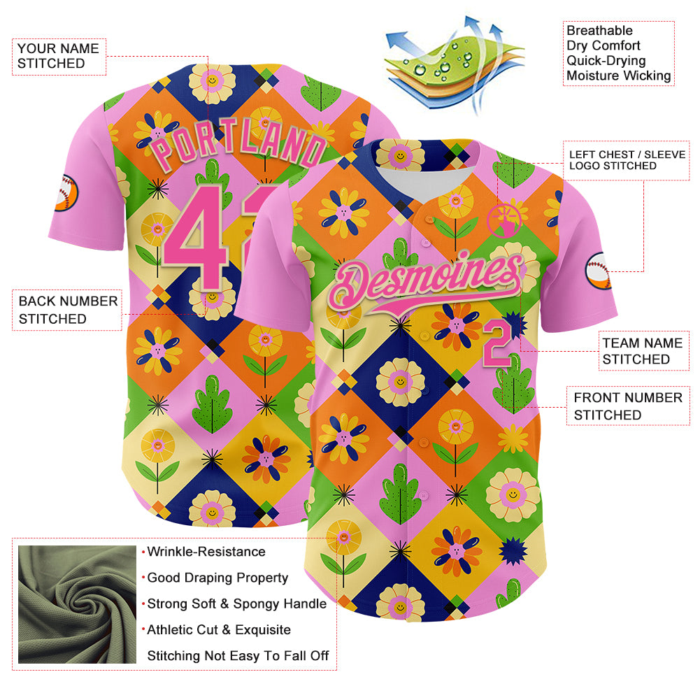 Custom Pink Cream 3D Ambartive Abstract Flowers Pattern Authentic Baseball Jersey