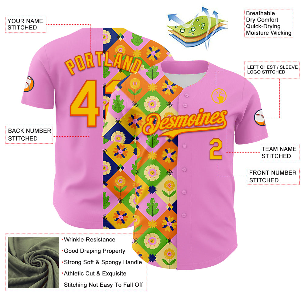 Custom Pink Yellow-Orange 3D Ambartive Abstract Flowers Pattern Authentic Baseball Jersey