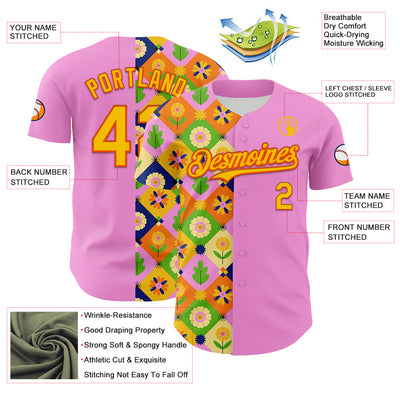 Custom Pink Yellow-Orange 3D Ambartive Abstract Flowers Pattern Authentic Baseball Jersey