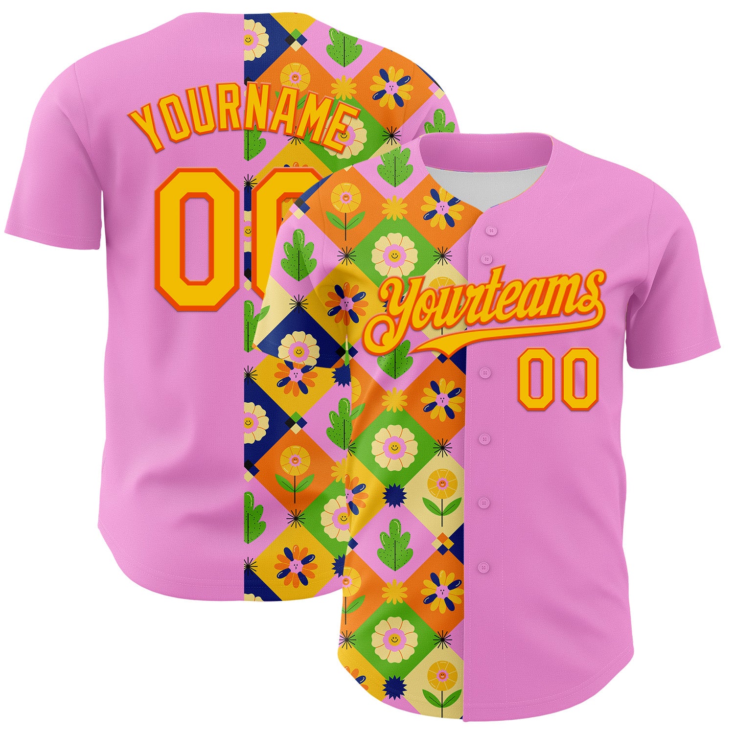 Custom Pink Yellow-Orange 3D Ambartive Abstract Flowers Pattern Authentic Baseball Jersey