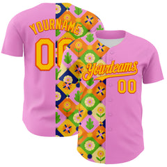 Custom Pink Yellow-Orange 3D Ambartive Abstract Flowers Pattern Authentic Baseball Jersey