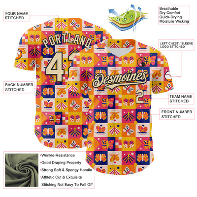 Custom Yellow Cream-Black 3D Ambartive Abstract Butterfly Pattern Authentic Baseball Jersey